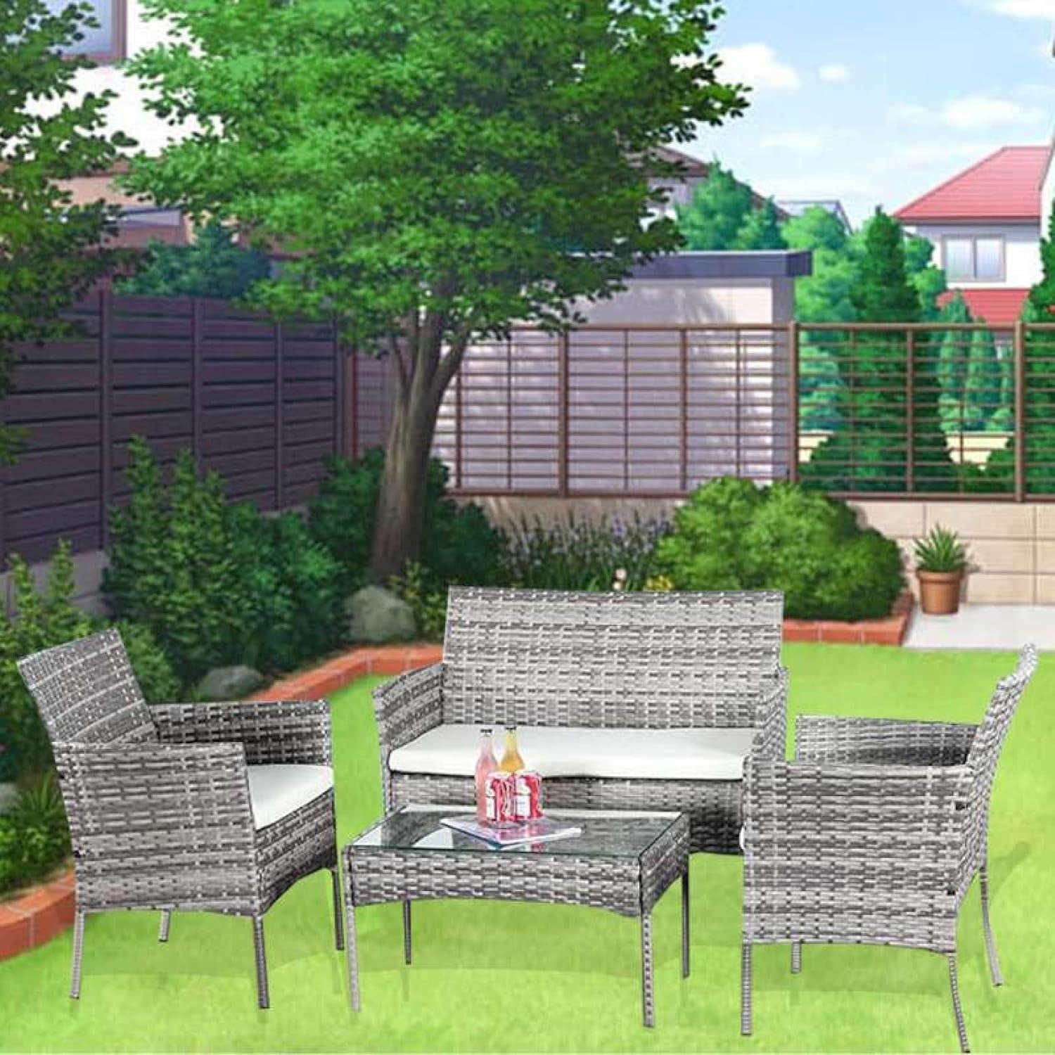 4-Piece Mix Grey Rattan Garden Patio Sofa Set with Tempered Glass Table