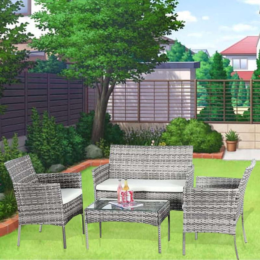 4-Piece Mix Grey Rattan Garden Patio Sofa Set with Tempered Glass Table