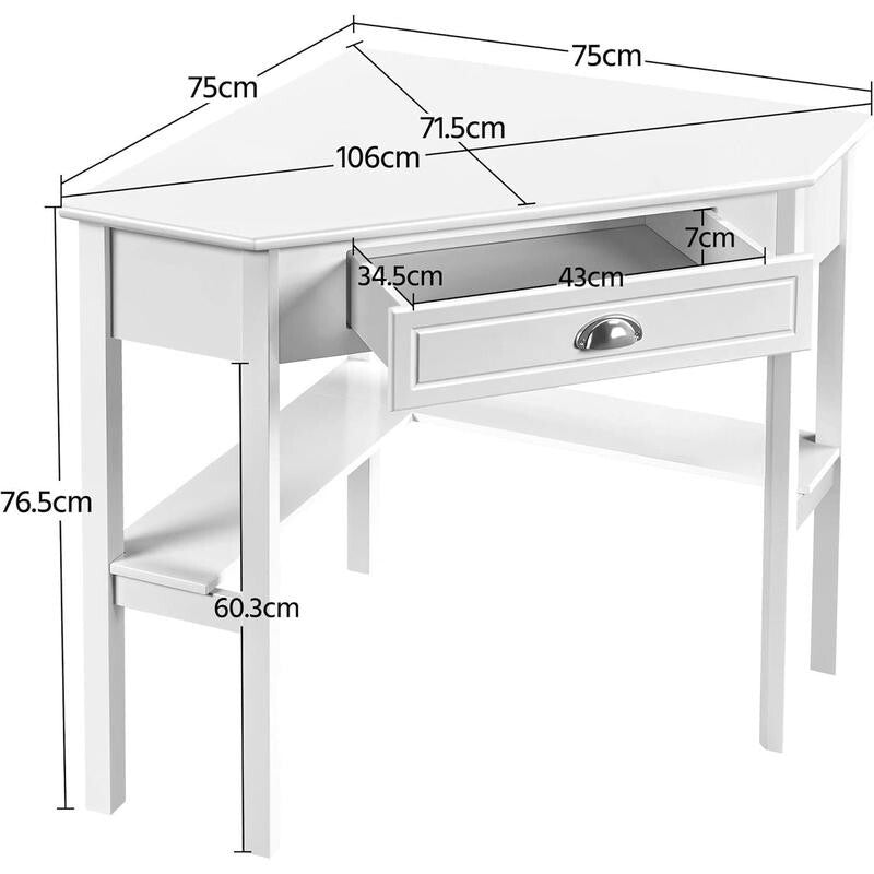 White Corner Desk 106cm L-Shaped Table with Drawer & Shelves for Small Room