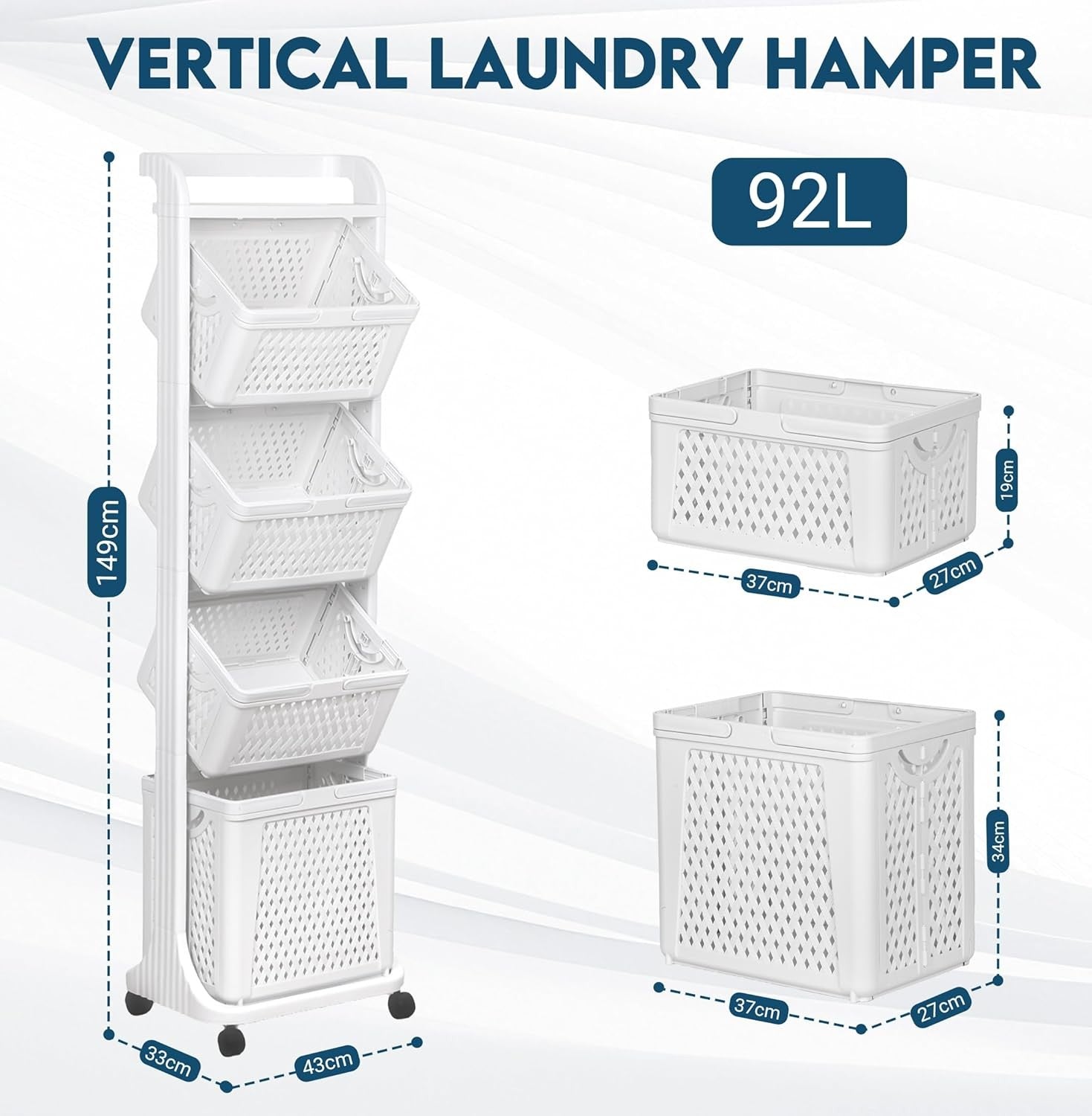 4 Tier Laundry Basket with Wheels 92L – Tall Slim Laundry Sorter with Movable Ba