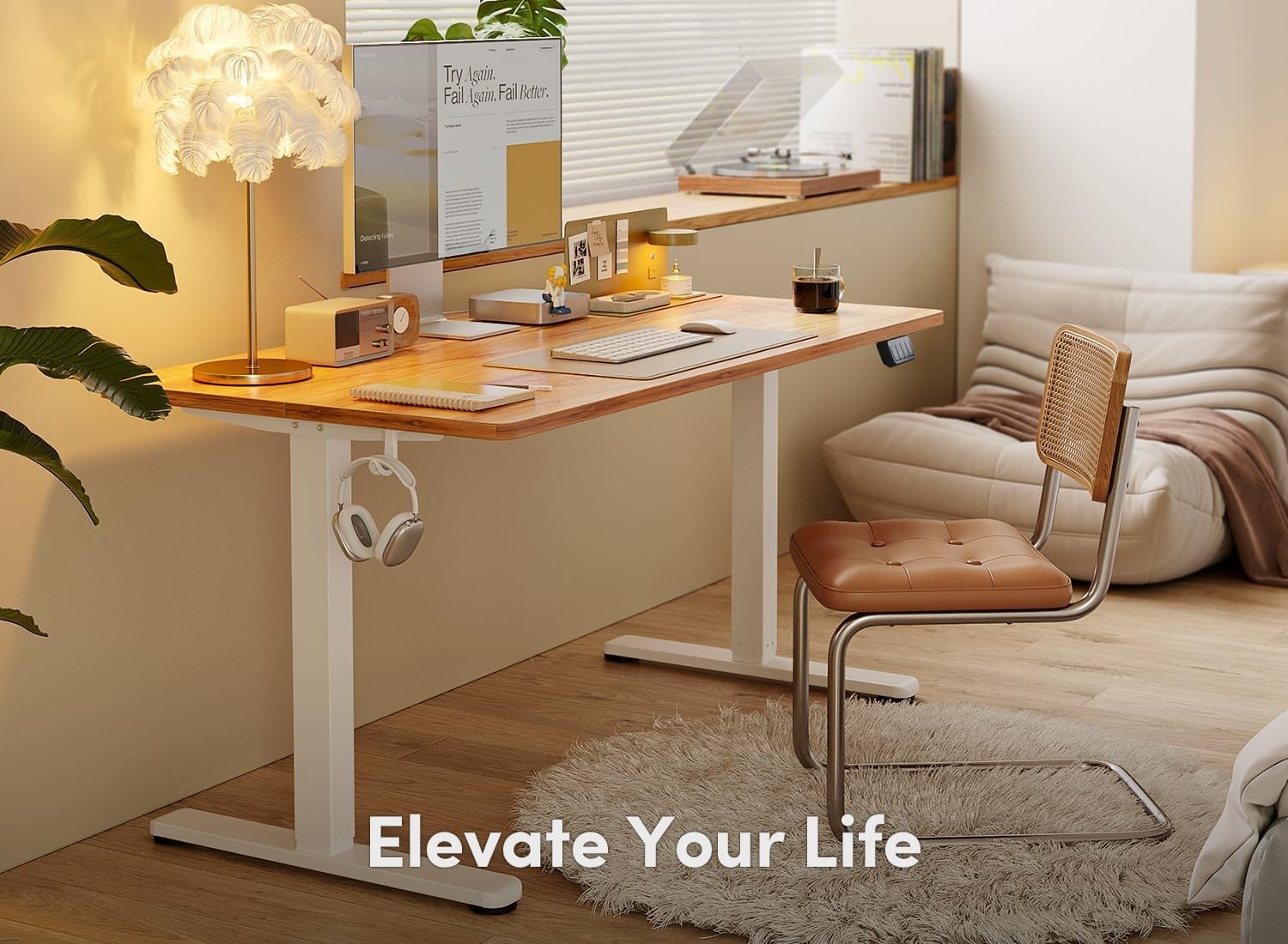 Light Brown Electric Standing Desk 120x60cm with White Frame & Memory