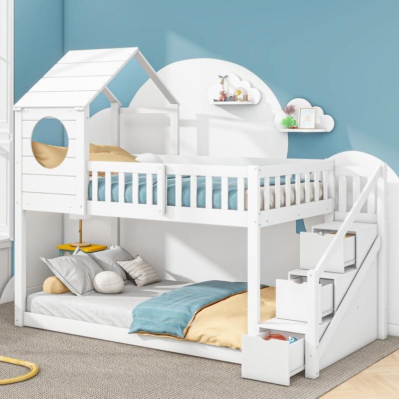 Kids White Wooden Bunk Bed with Storage Ladder 3FT Playhouse Cabin Bed Frame