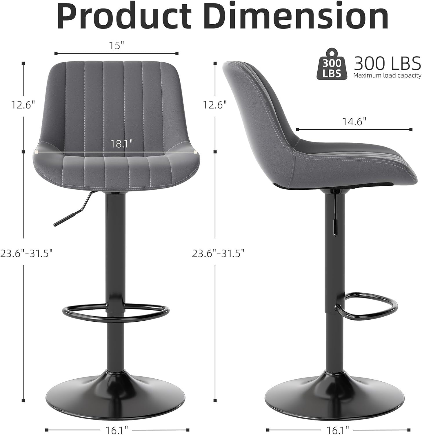 Dark Grey Adjustable Swivel Bar Stool PU Leather Modern Counter Chair