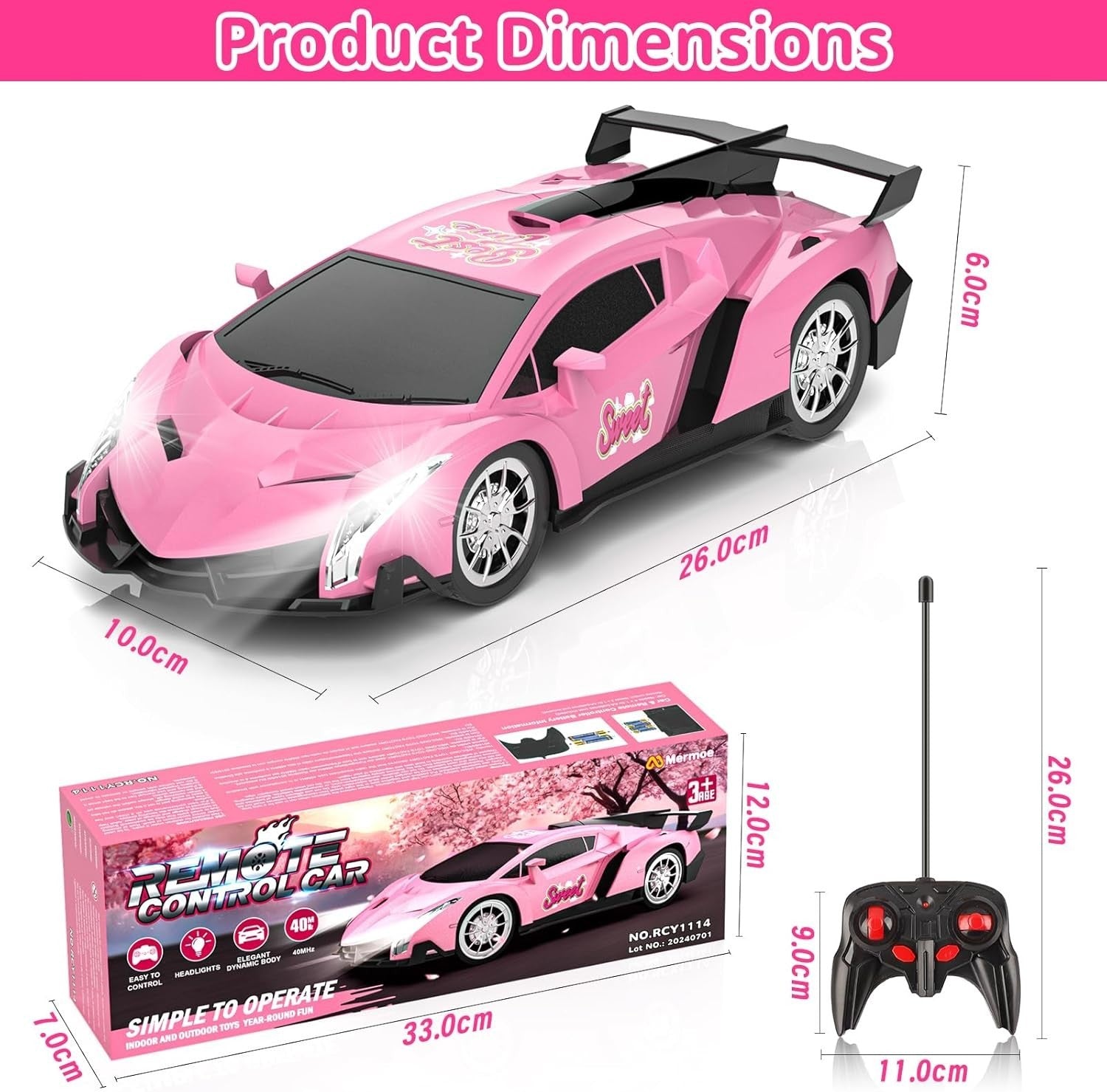 Pink RC Racing Car 1:18 Remote Control Toy with LED Lights for Girls 3+
