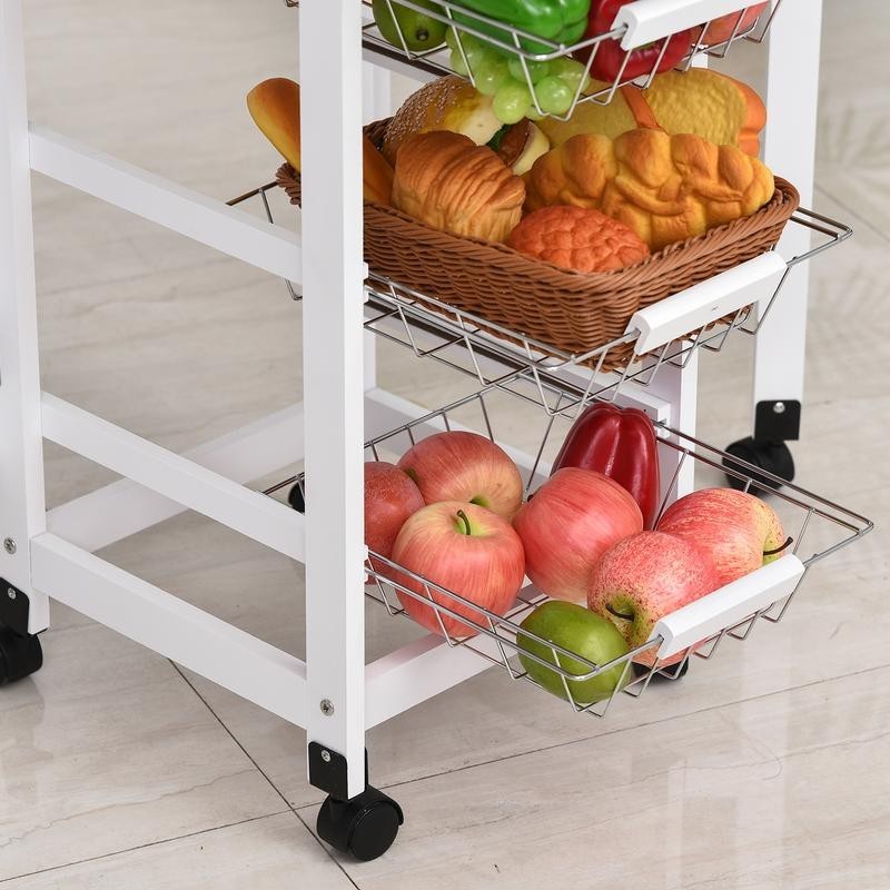 Drop Leaf Kitchen Trolley Cart with Baskets Drawer & Wheels Oak White