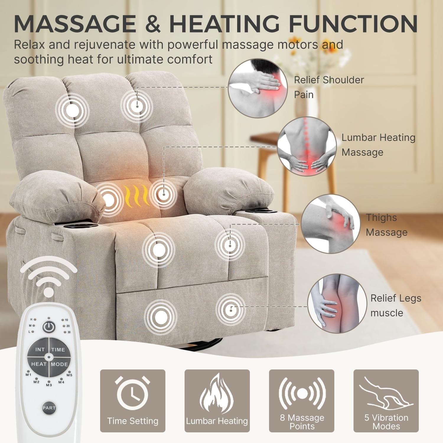 Recliner Chair Massage Heat Swivel Rocking Manual Footrest Cup Holders Beige