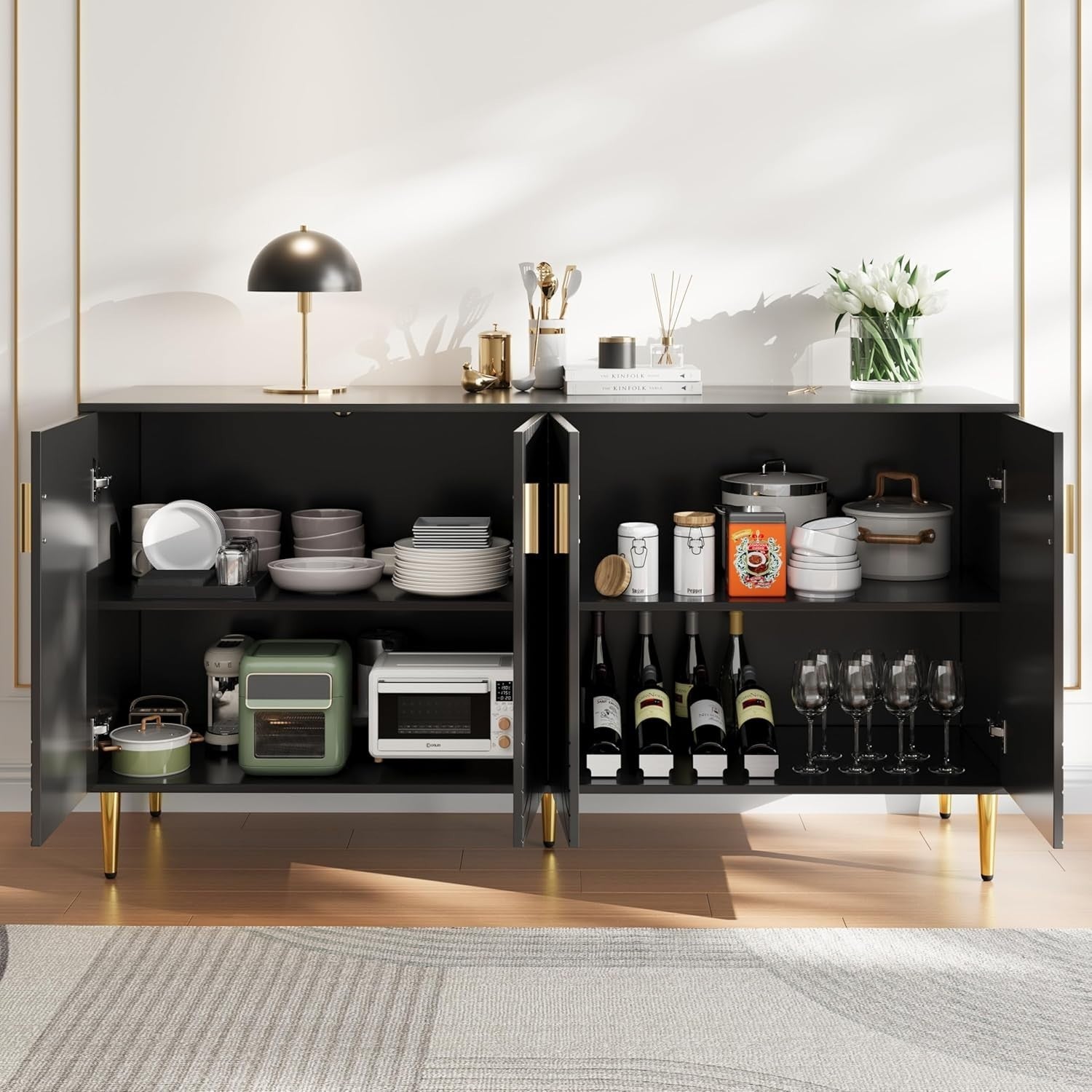 Black Sideboard Cabinet 4 Doors Gold Handles Modern Wave Storage Unit