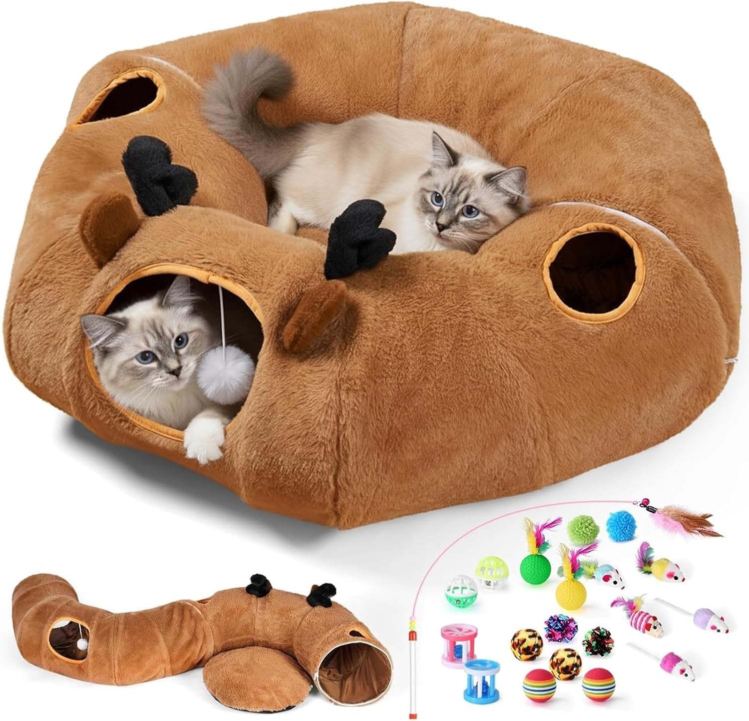 Cat Tunnel Bed Foldable Donut Play Tunnel w Peek Holes & Toy Set