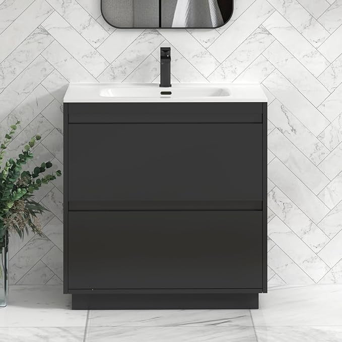 800mm Jet Black Floor Standing Vanity Unit with Basin Sink 2 Drawer