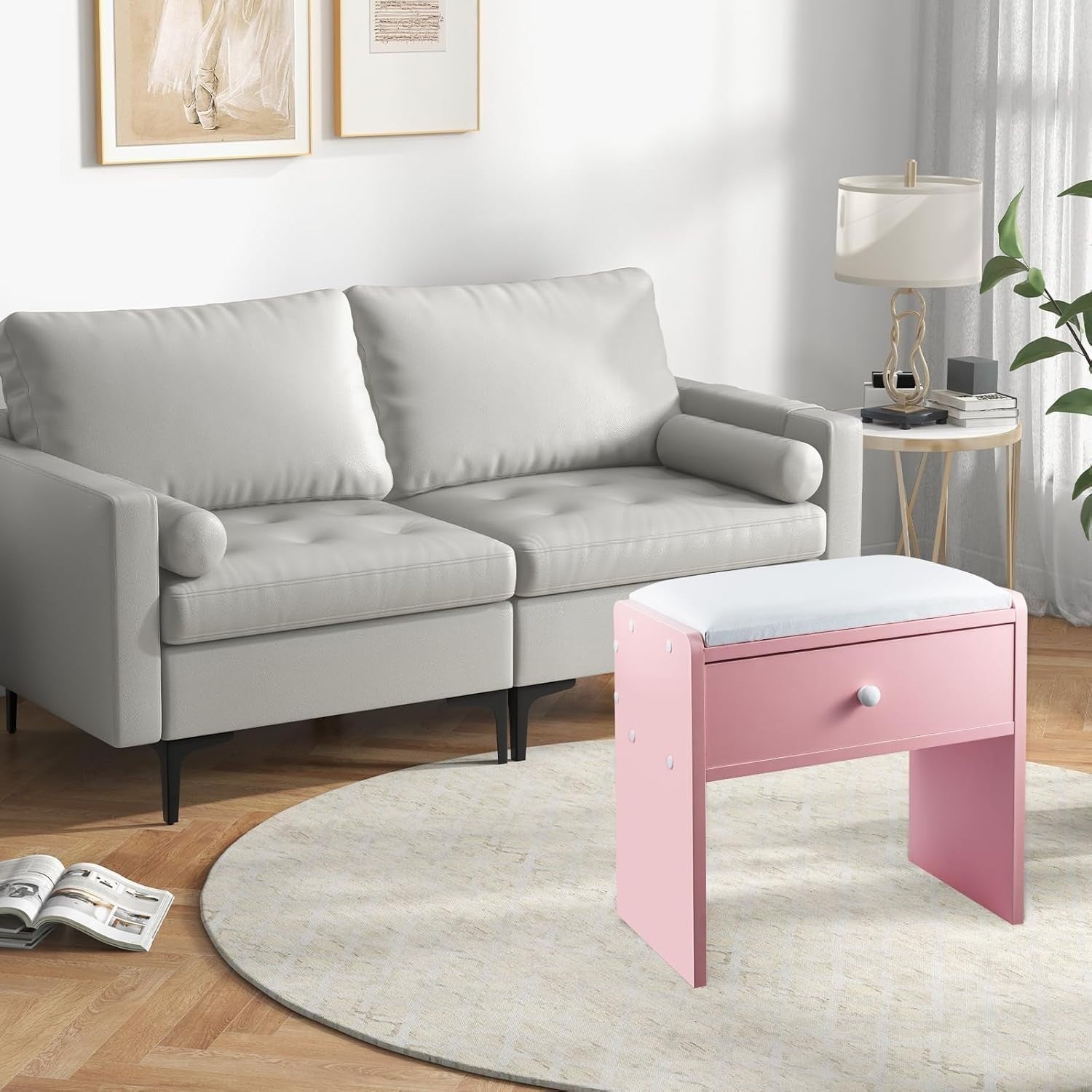 Pink Padded Vanity Stool with Drawer – Comfortable Makeup Stool for Bedroom