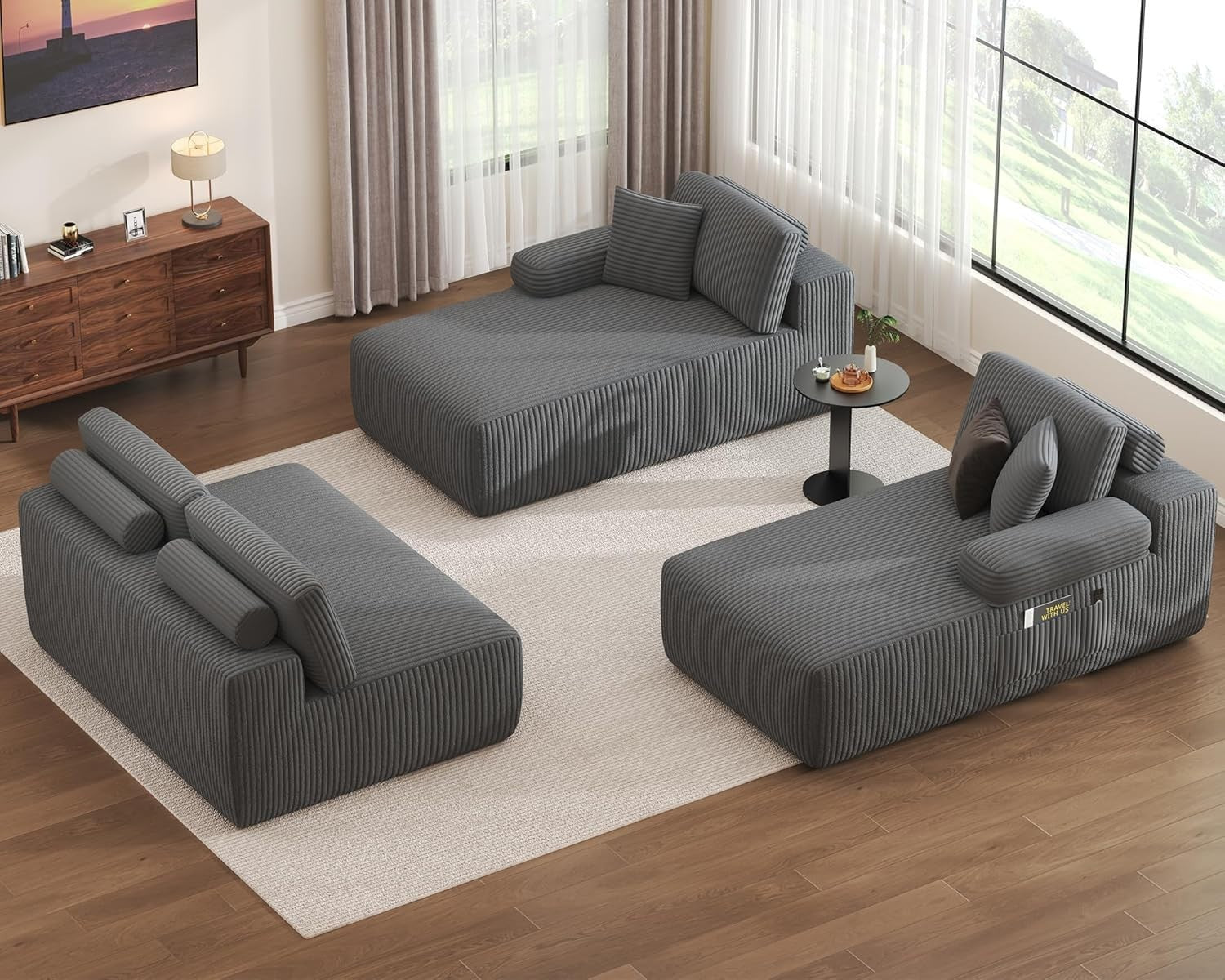 Modular U-Shaped Corduroy Sofa Bed with Memory Foam, Storage & No Assembly