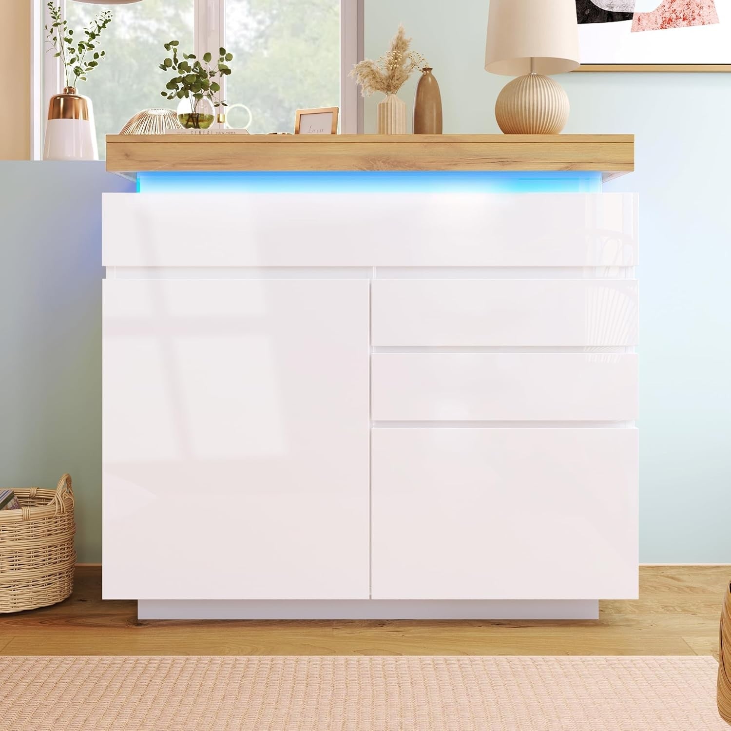Modern LED Sideboard Cabinet Gloss 3 Drawer 2 Door Storage Unit White