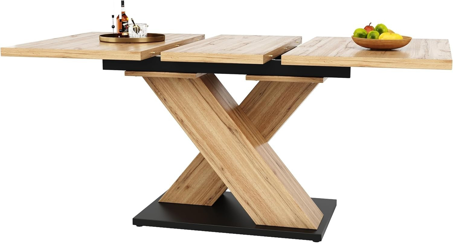 Extendable Dining Table 6-8 Seat Solid Wood Look Pedestal Base Modern