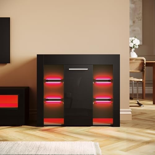 Black Gloss LED Sideboard Cabinet with Central Door & Shelves Modern TV Storage