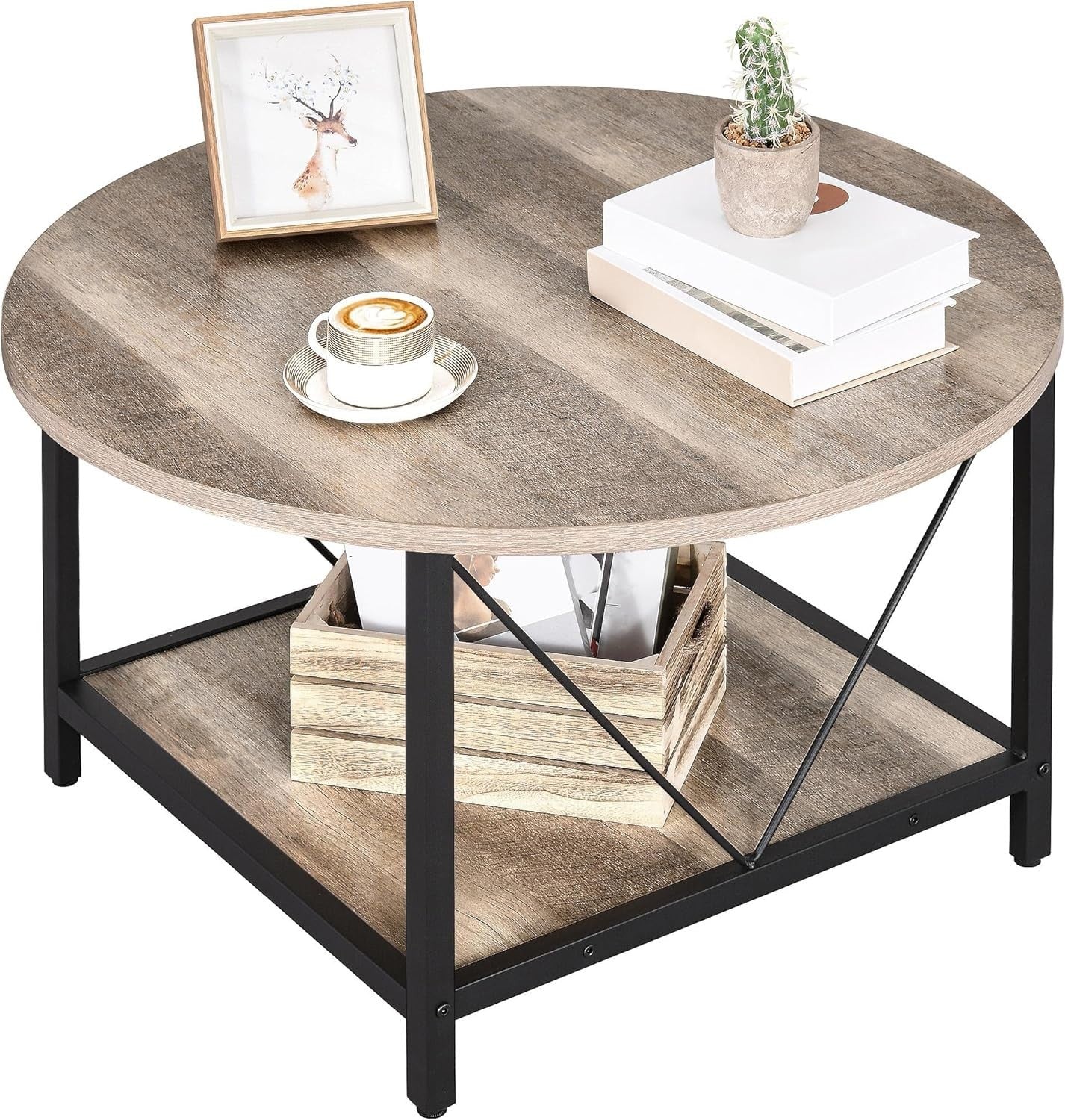 Round Coffee Table with Storage Shelf 80cm Industrial Rustic Metal Legs