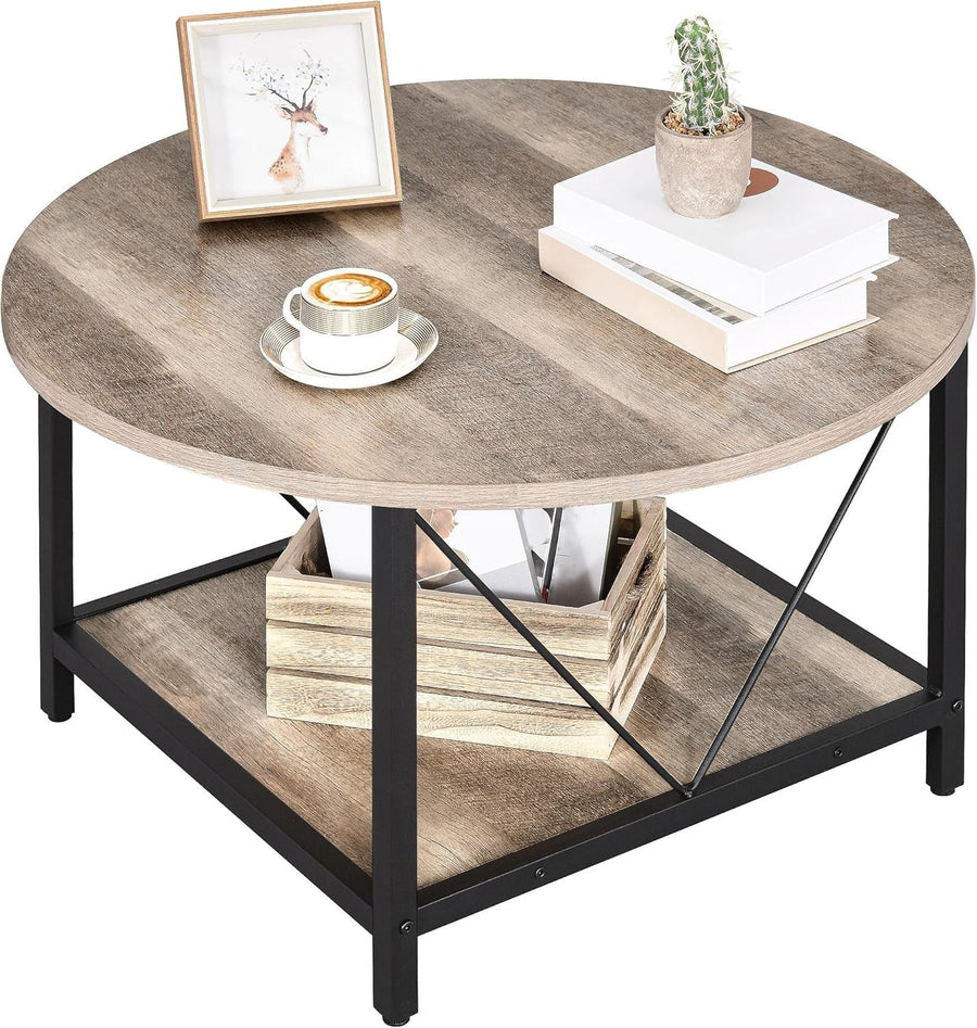Round Coffee Table with Storage Shelf 80cm Industrial Rustic Metal Legs