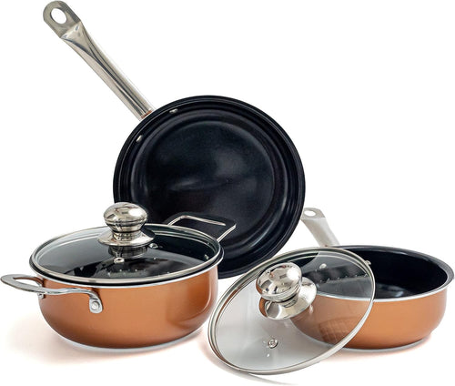 5pcs Copper Non Stick Cookware Set with Lids – Induction & Oven Safe Pots