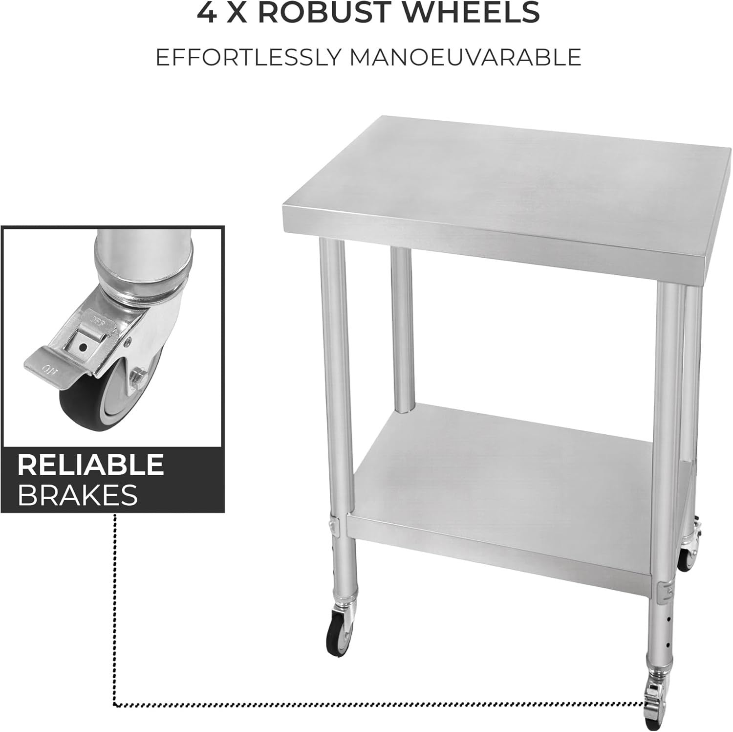 Stainless Steel Mobile Prep Table on Wheels 160kg Kitchen Bench 60x45 Shelf