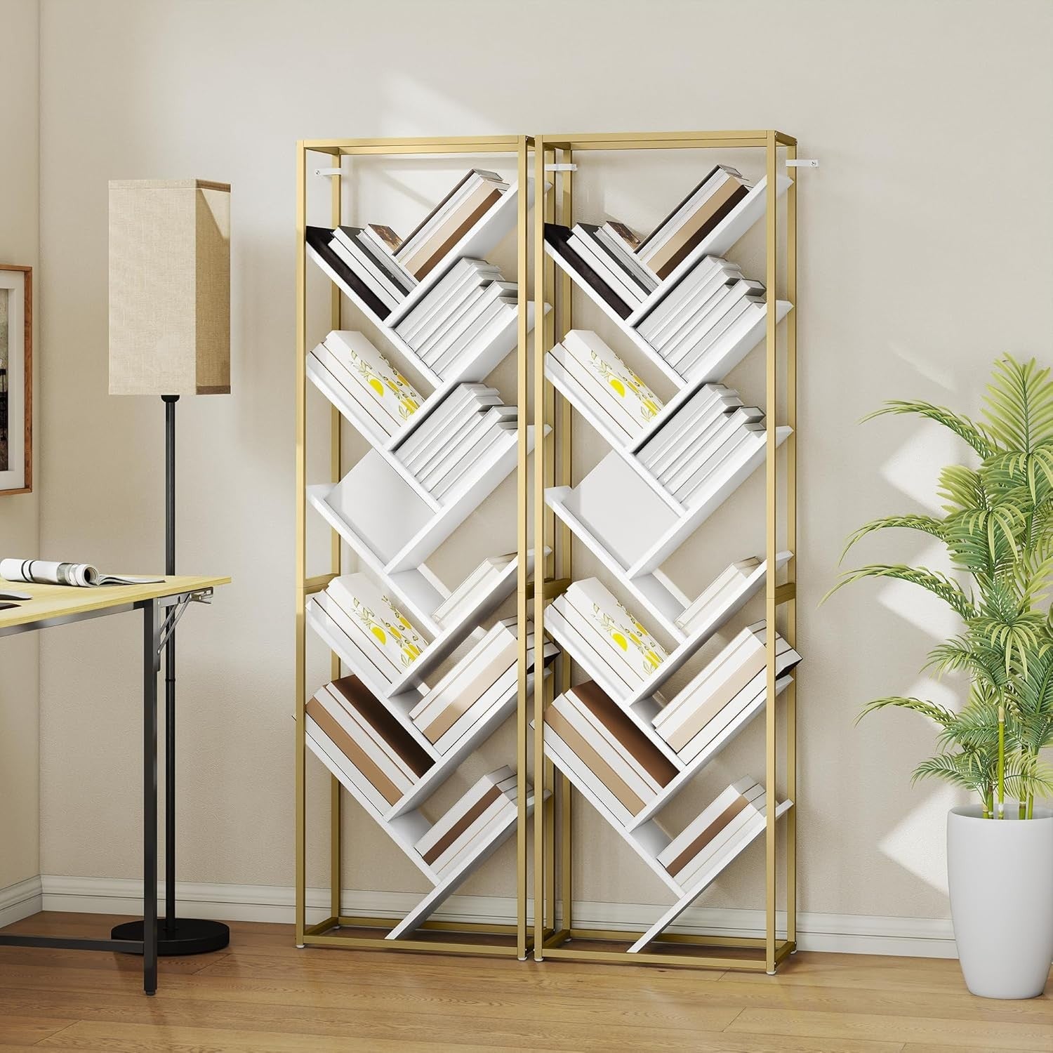 10-Tier Tree Bookshelf Modern White & Gold Tall Display Storage Unit for Home