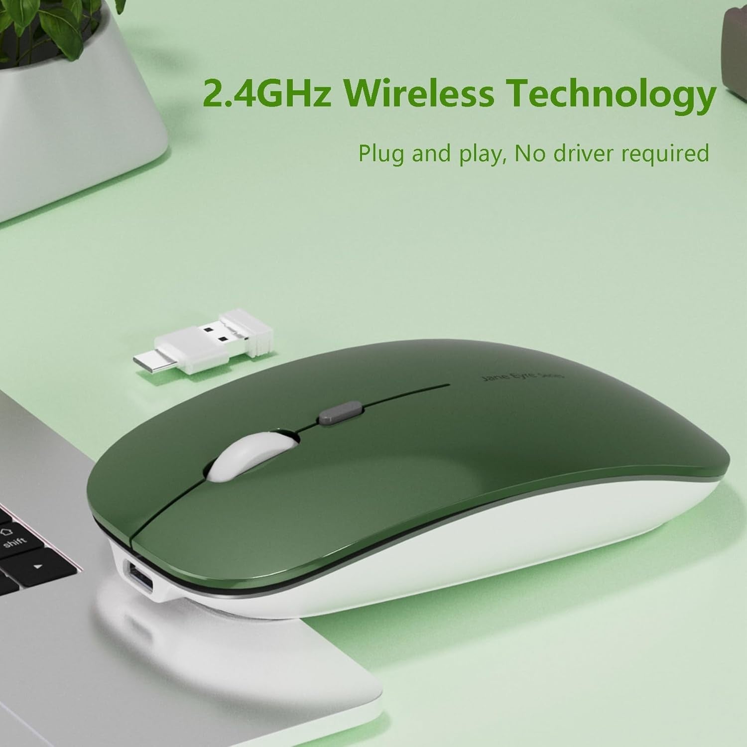 Rechargeable Silent Wireless Mouse Slim 2.4G 1600 DPI Green