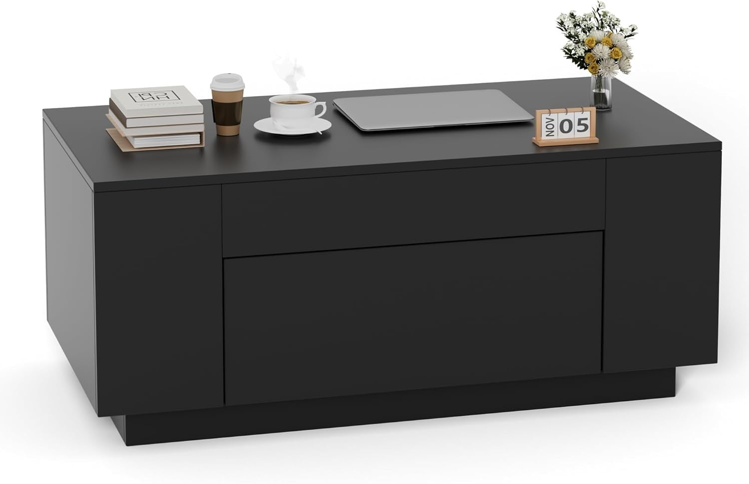 Black Rectangular Coffee Table with Hidden Storage Drawer 98x50cm