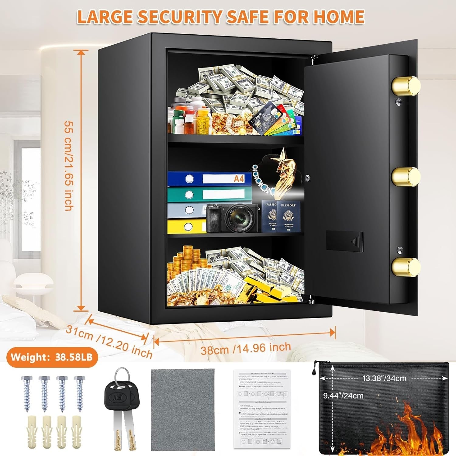 64L Digital Safe Box A4 Document Safe Alarm Security Cabinet Lock