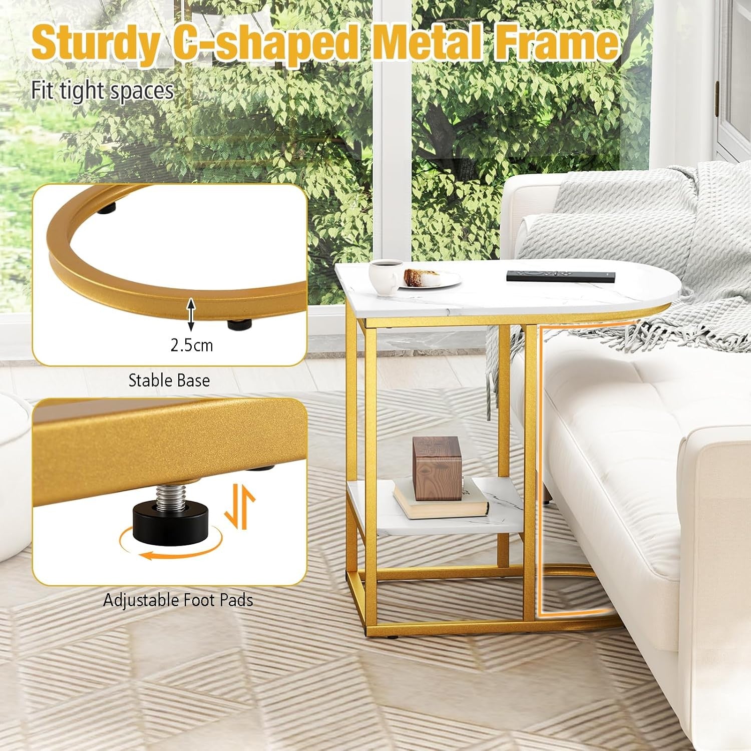 Modern Faux Marble C-Shaped Side Table with Storage Shelf – White & Gold Nightst