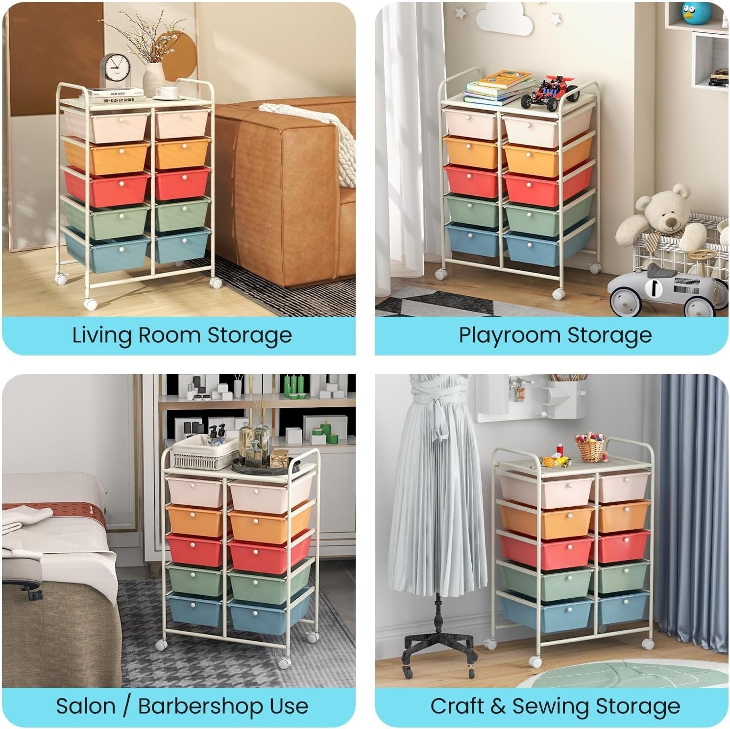 10 Drawer Rolling Storage Cart Mobile Organizer Trolley Lockable Wheels