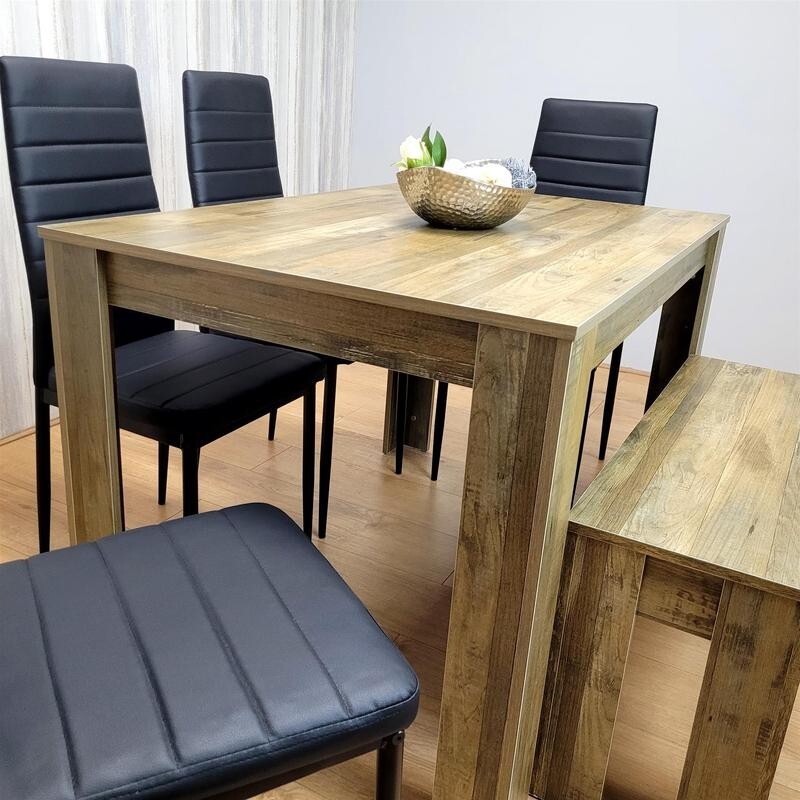 Rustic Dining Table Set with 4 Black Leather Chairs & Bench, 6 Seater