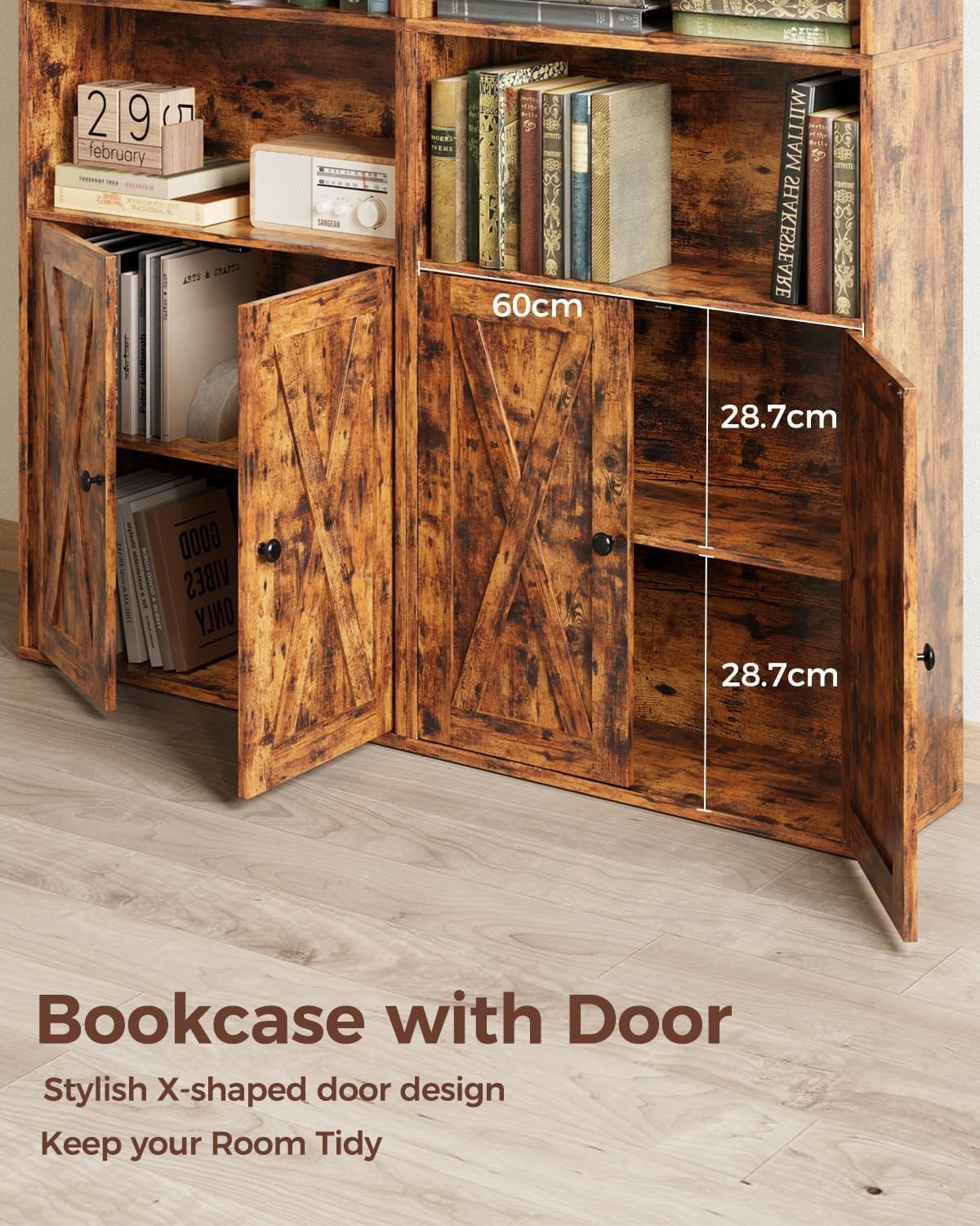 6 Tier Tall Retro Brown Bookcase with Doors Storage Display Shelf 60x23.5x180cm