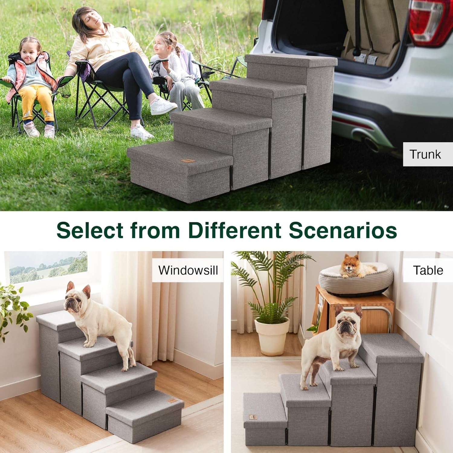 Dog Stairs 4 Step with Storage Foldable Pet Steps Solid Grey 200lb