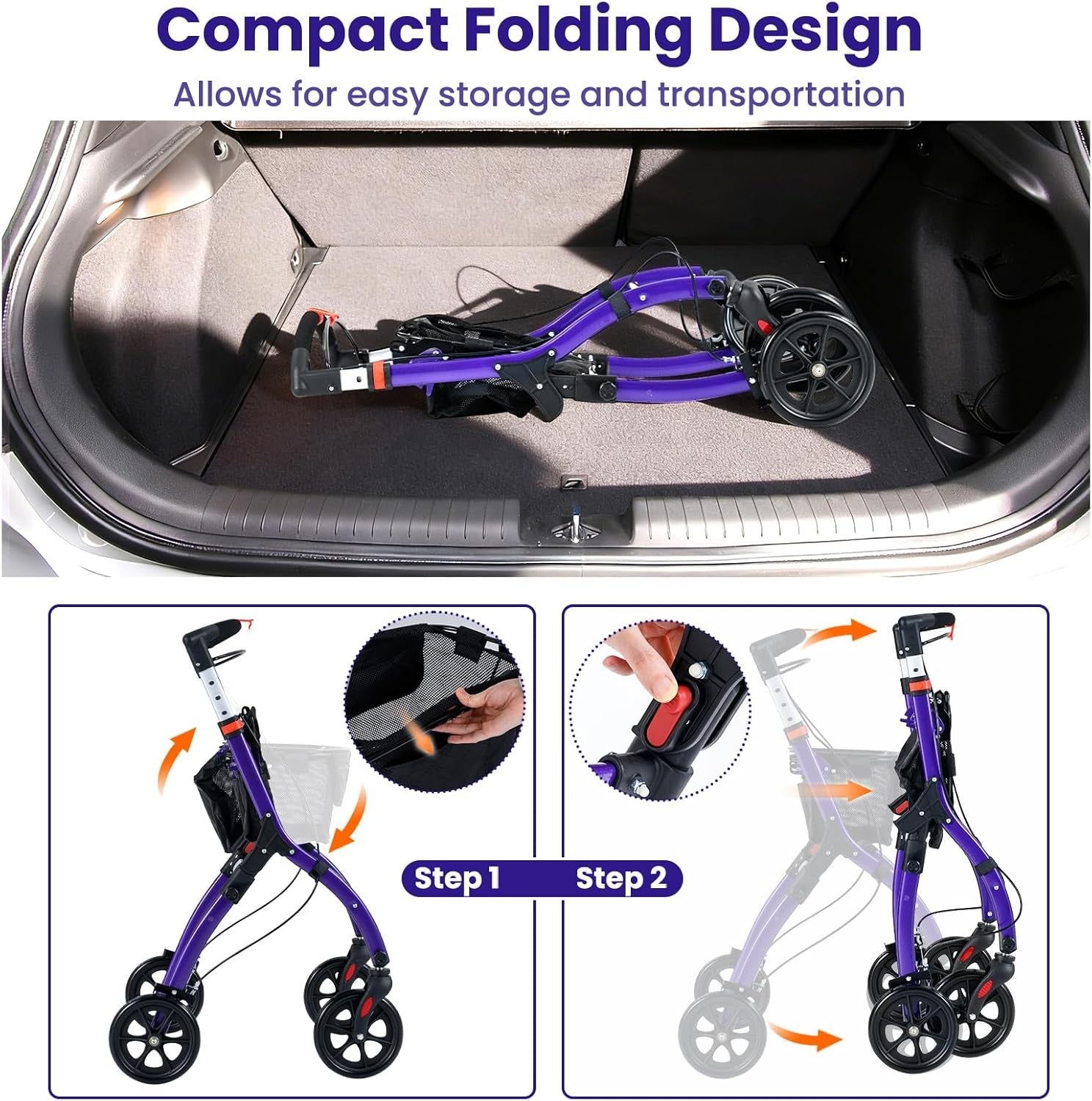 4 Wheel Rollator Walker Lightweight Folding Mobility Aid Brakes & Tray