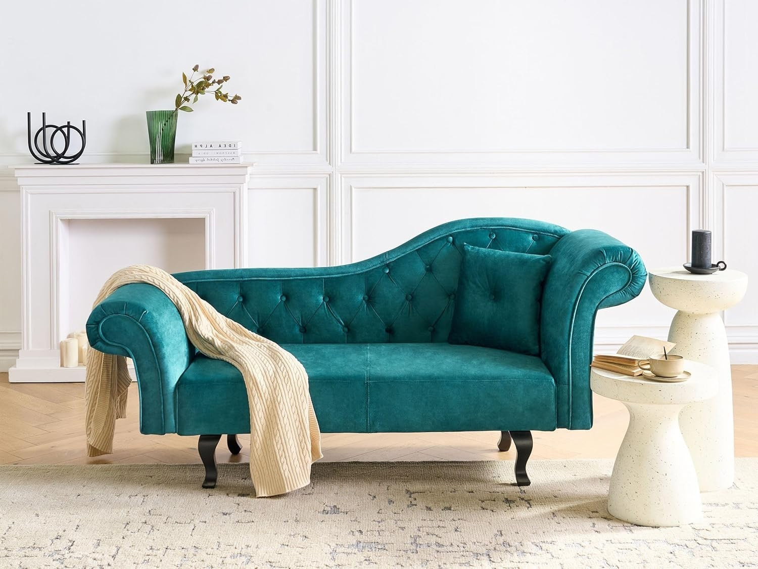Velvet Chaise Lounge Sofa Green | Tufted Back, Cushion, Wooden Legs
