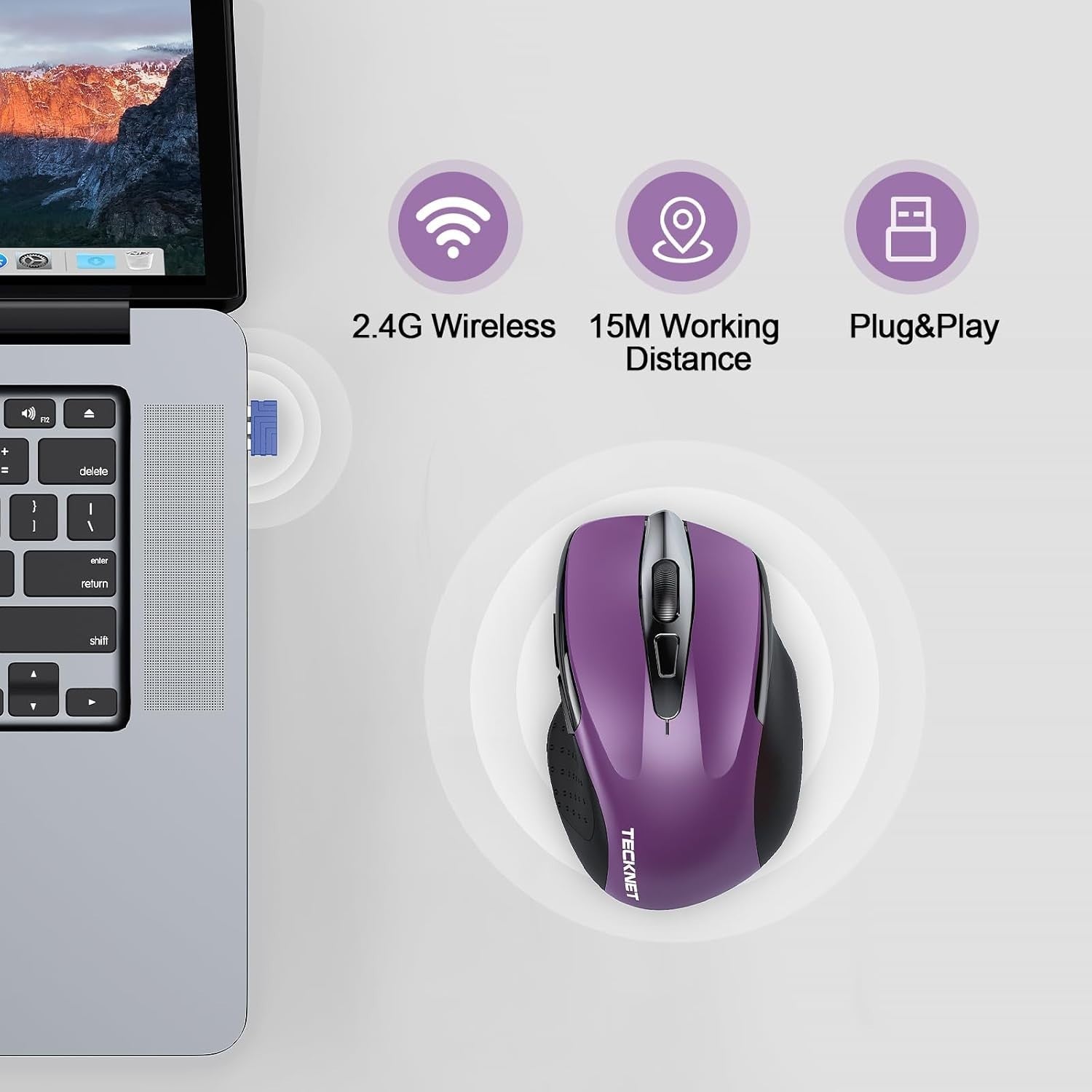 Purple Rechargeable Wireless Mouse 4800DPI Silent Ergonomic USB Laptop PC