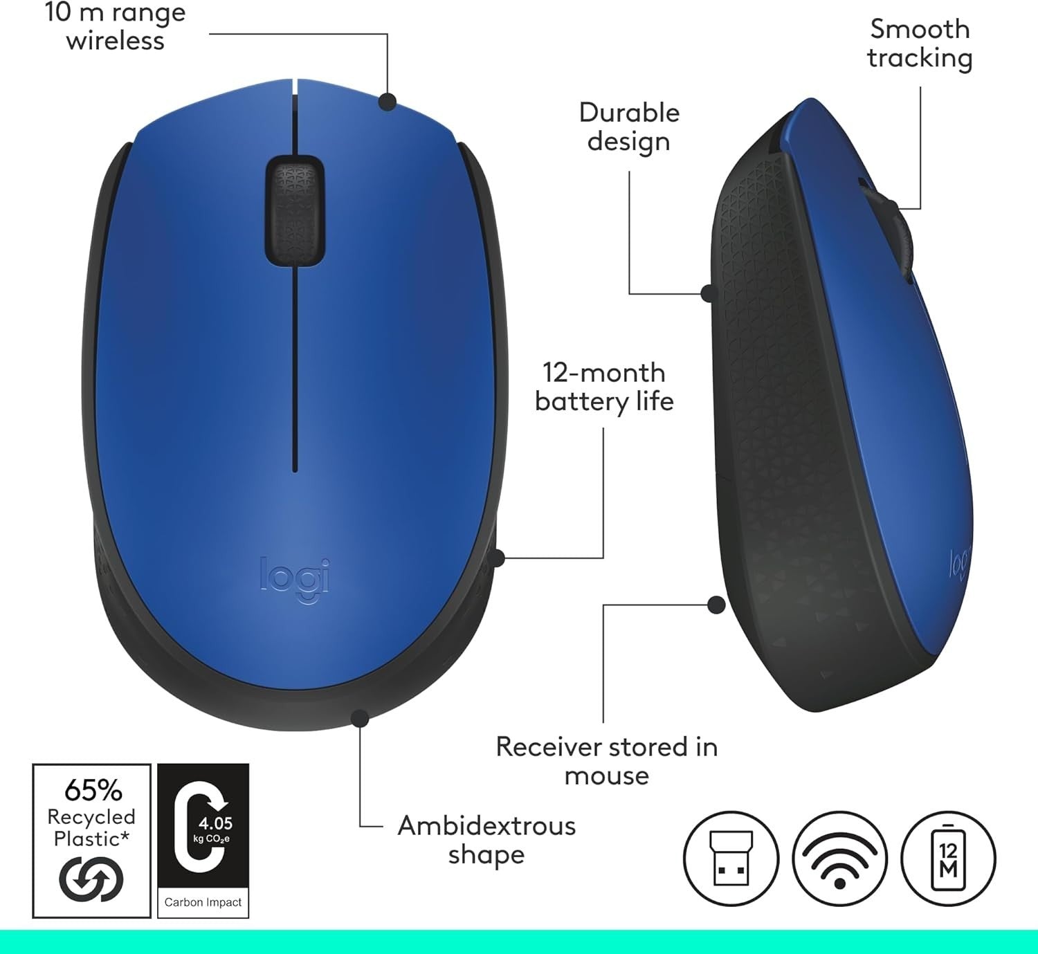 Wireless Mouse 2.4GHz USB Optical Laptop PC 12 Month Battery Blue