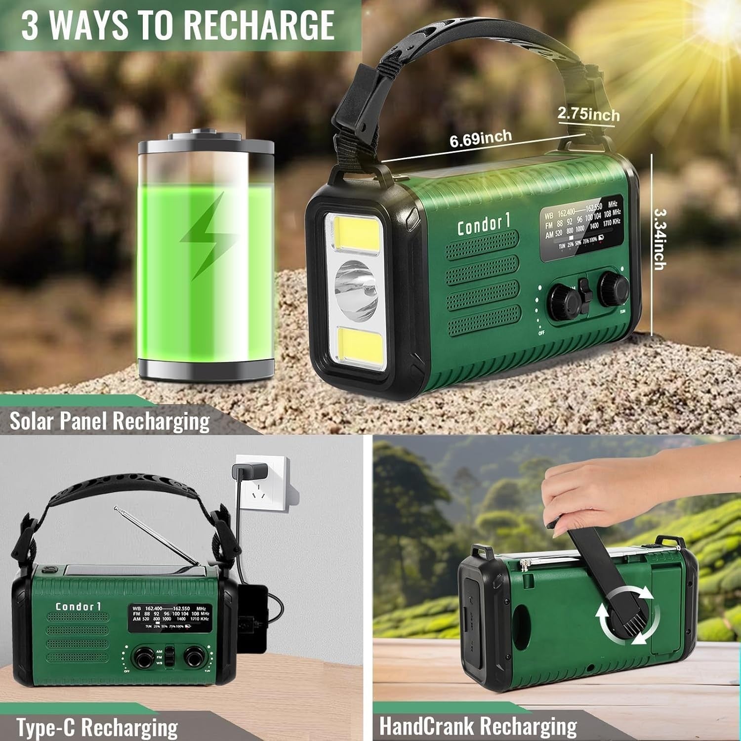 Emergency Solar Hand Crank Radio 20000mAh AM/FM/NOAA Army Green