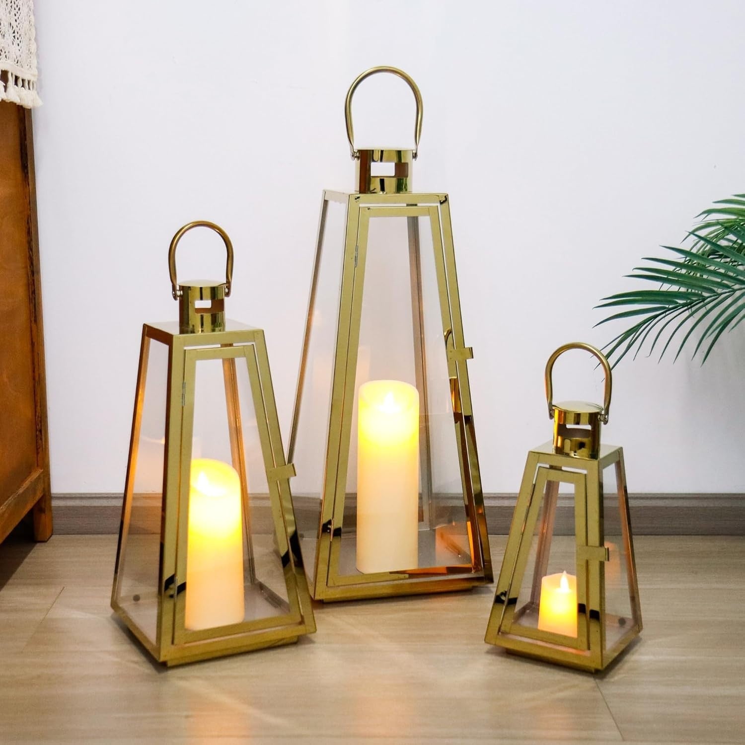 Set of 3 Gold Stainless Steel Lanterns Hanging Candle Holders