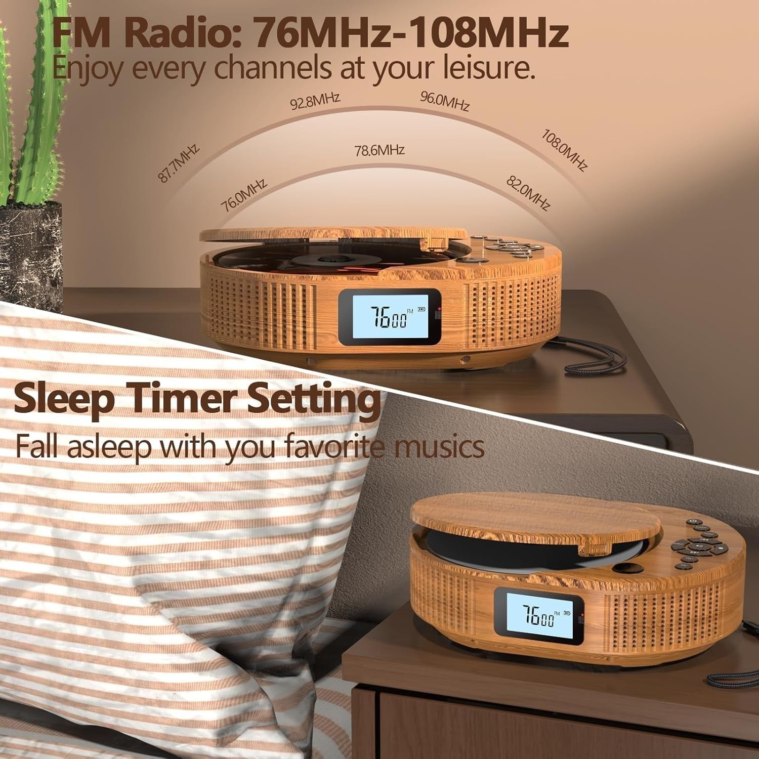 Portable CD Player Bluetooth Speaker Rechargeable FM Radio AUX USB
