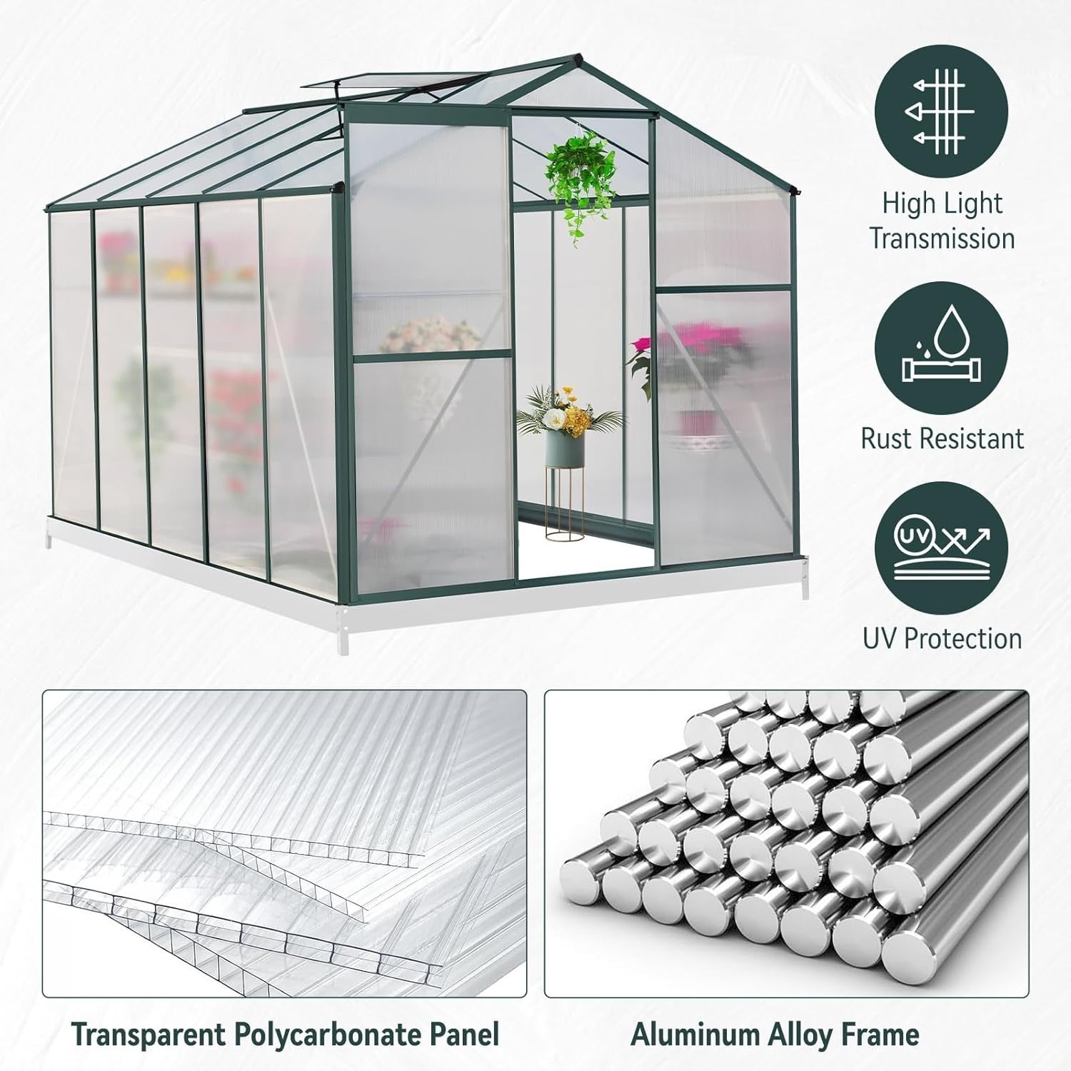 8x6FT Walk-In Polycarbonate Greenhouse with Base – Aluminium Frame, UV Resistant
