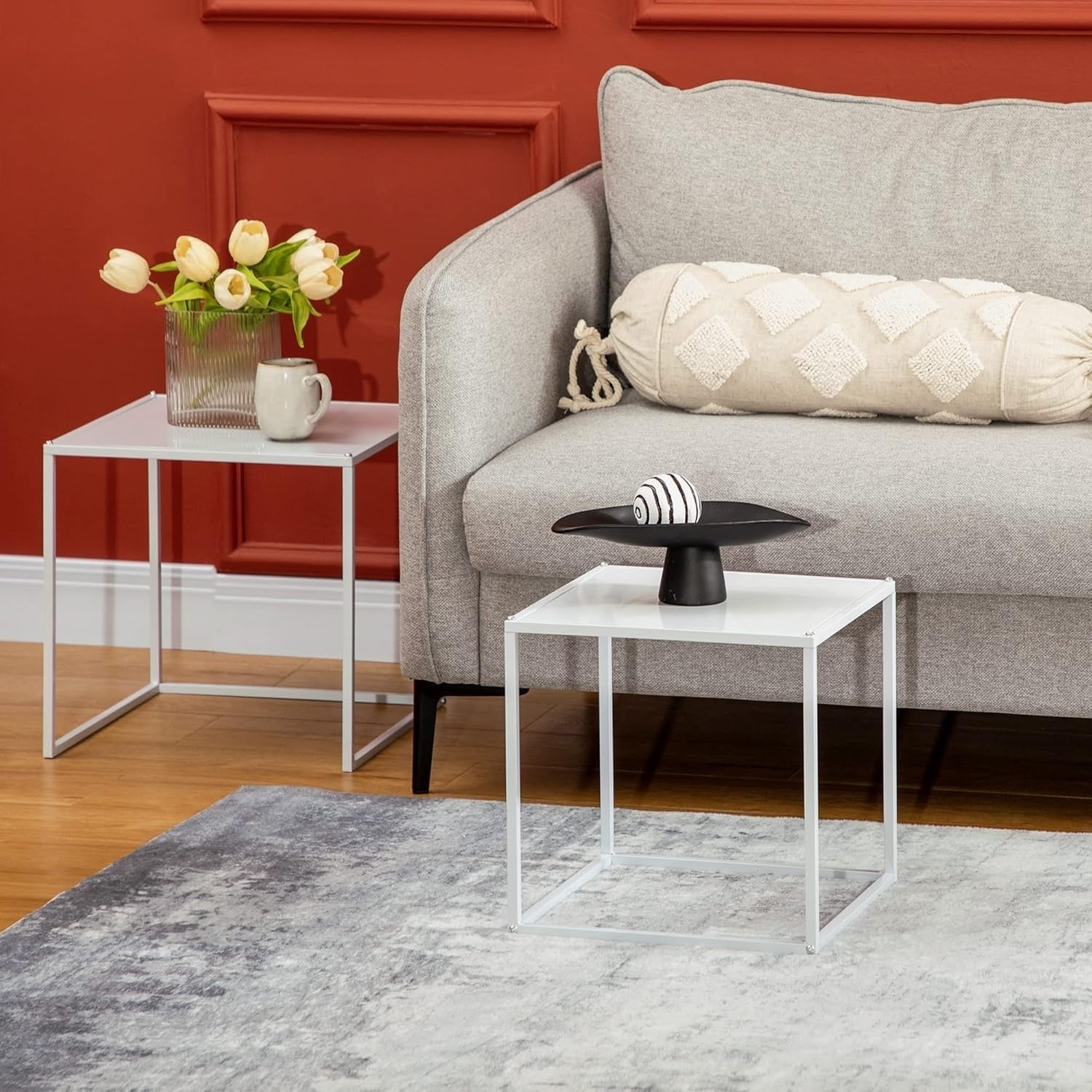 Modern Nesting Coffee Tables Set of 2 End Side Snack Living Room Black Steel