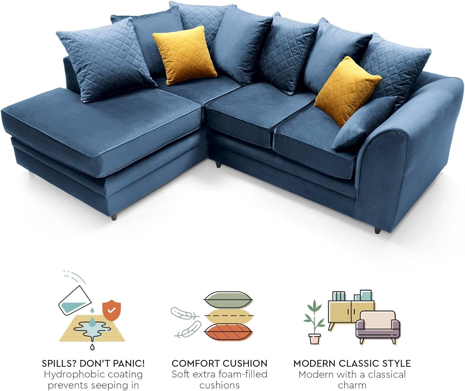 L-Shaped 3 Seater Corner Sofa Velvet Fabric Water-Repellent Dark Blue