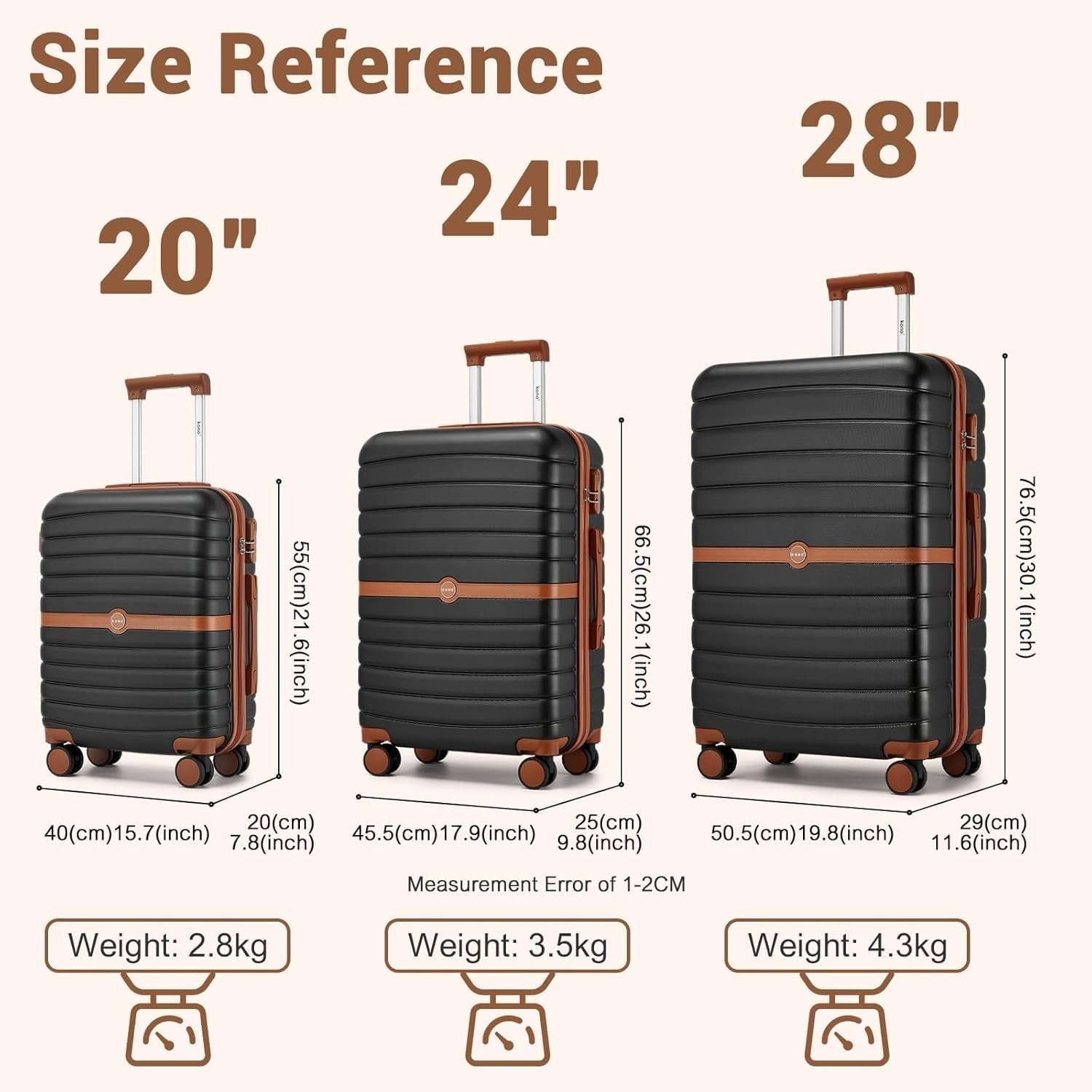24'' Black Brown Check In Suitcase ABS PC Hard Shell Spinner Wheels Lock
