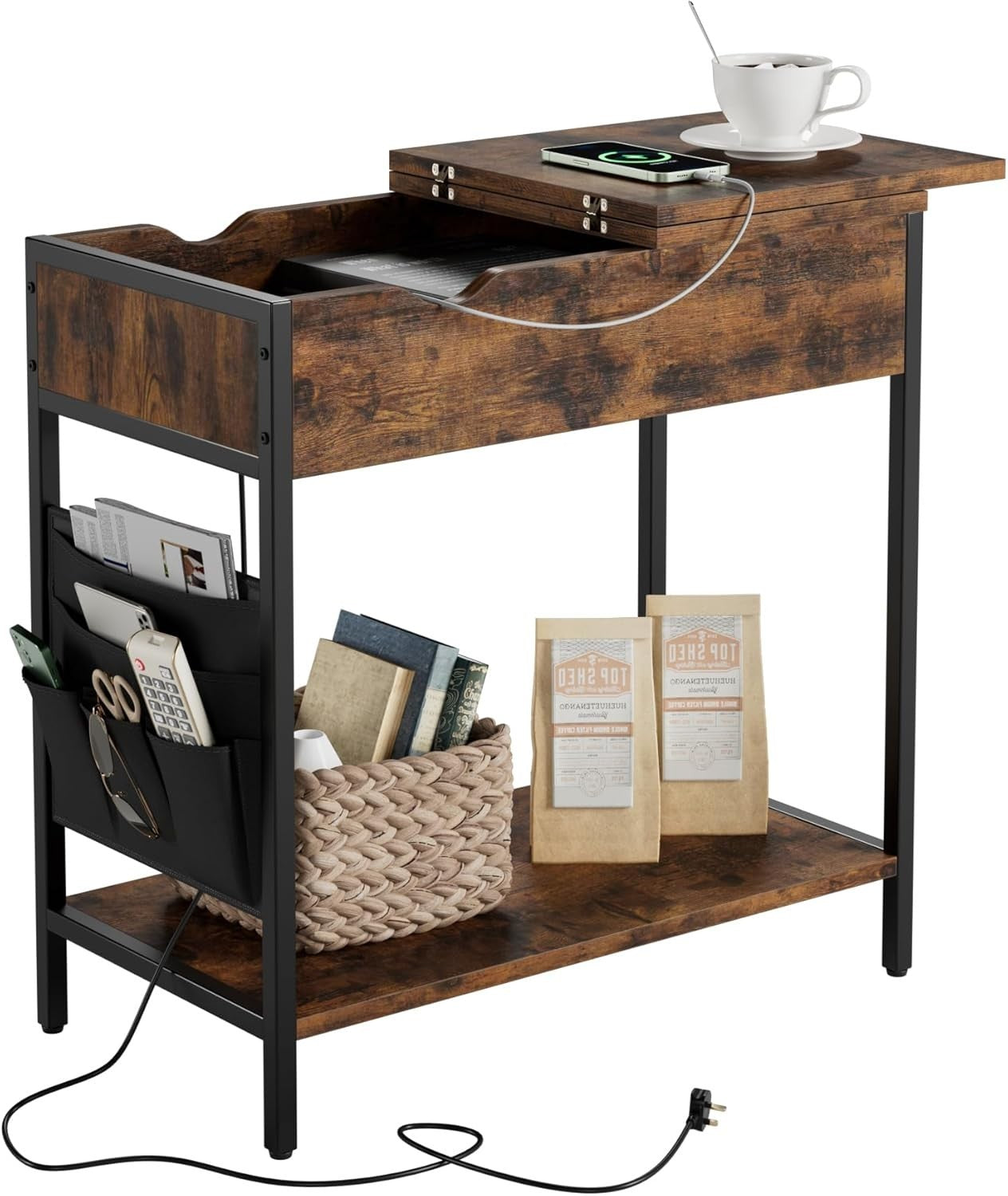 Narrow Side Table with USB Ports, Charging Station & Storage Shelf, Rustic