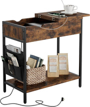 Narrow Side Table with USB Ports, Charging Station & Storage Shelf, Rustic