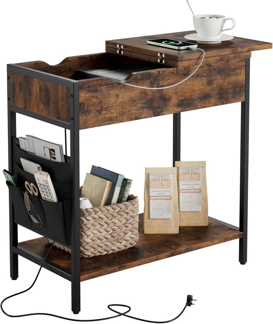 Narrow Side Table with USB Ports, Charging Station & Storage Shelf, Rustic