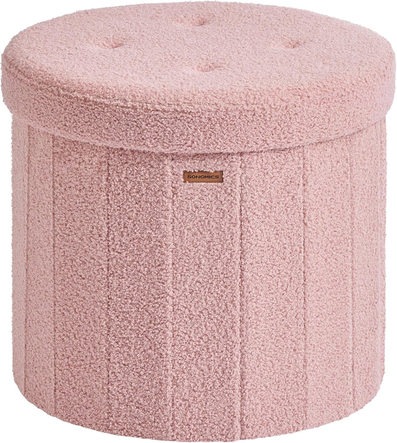 Jelly Pink Teddy Fleece Round Storage Ottoman Foldable Footstool 46cm