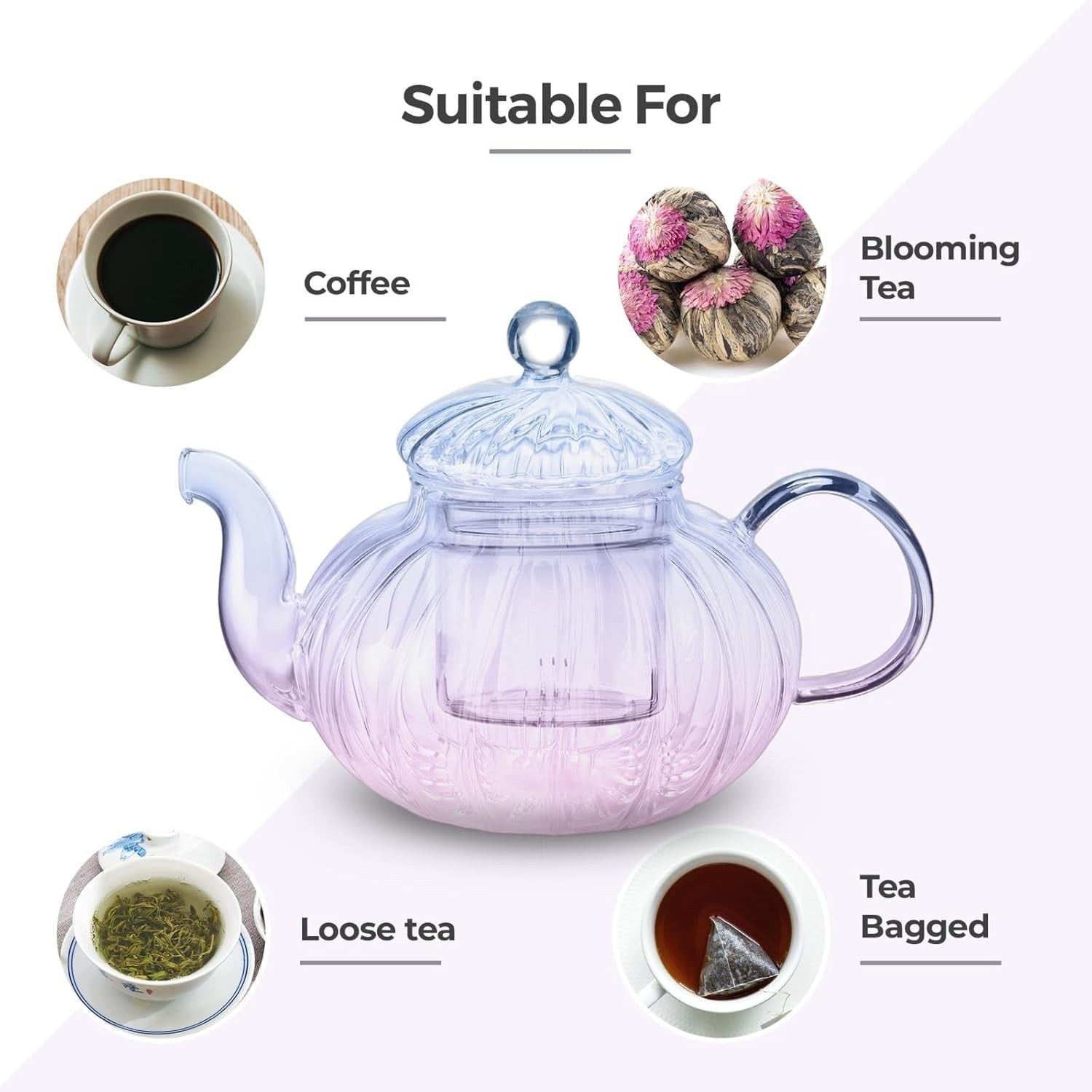 1000ml Glass Teapot with Infuser Ribbed Tea Pot Loose Leaf Tea Maker