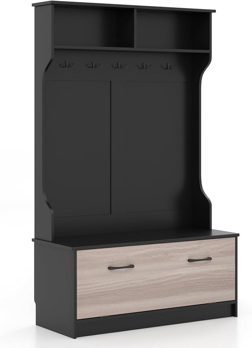 Black Hall Tree Coat Rack with Shoe Bench & Shelves Freestanding Entryway Unit