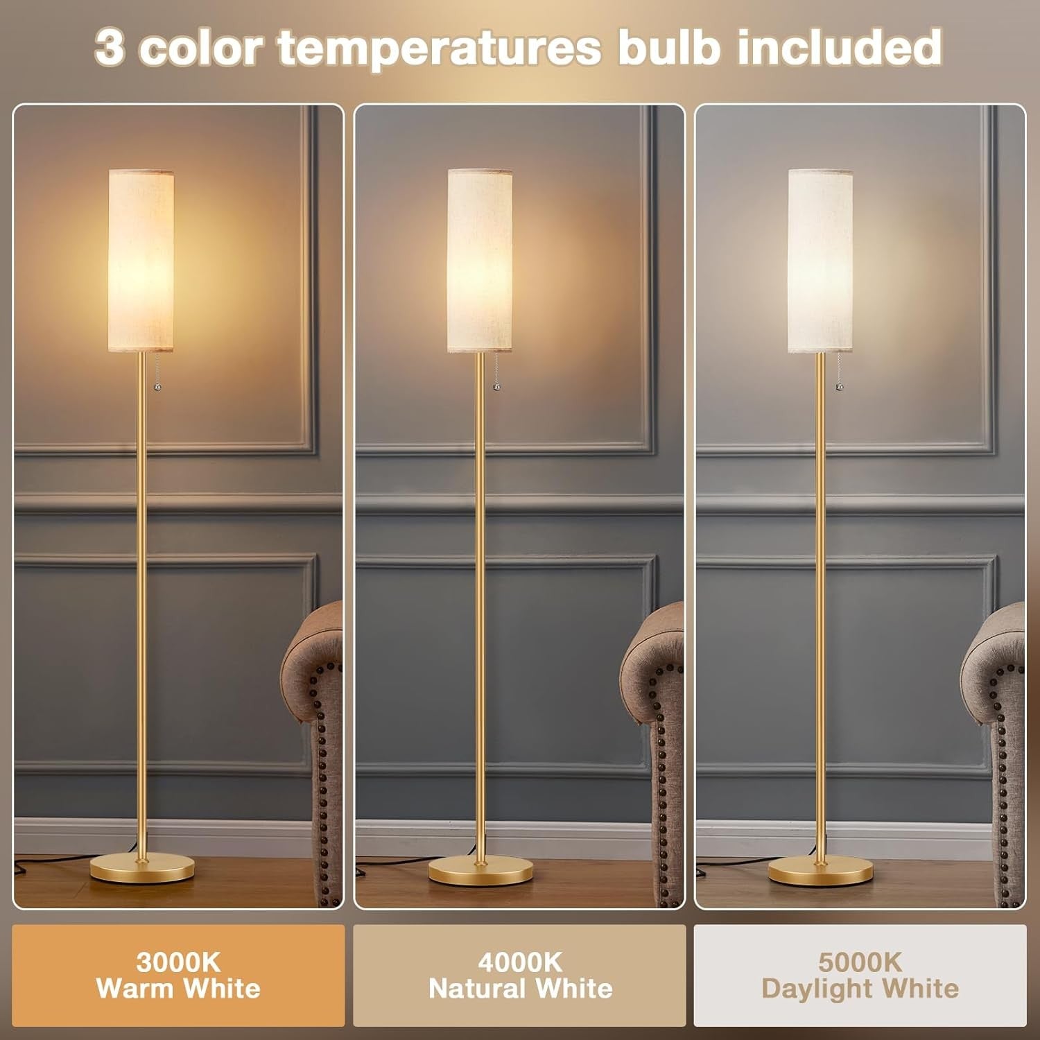Gold Floor Lamp 64in Standing Lamp 3 Colour Bulb Bedroom Living Room