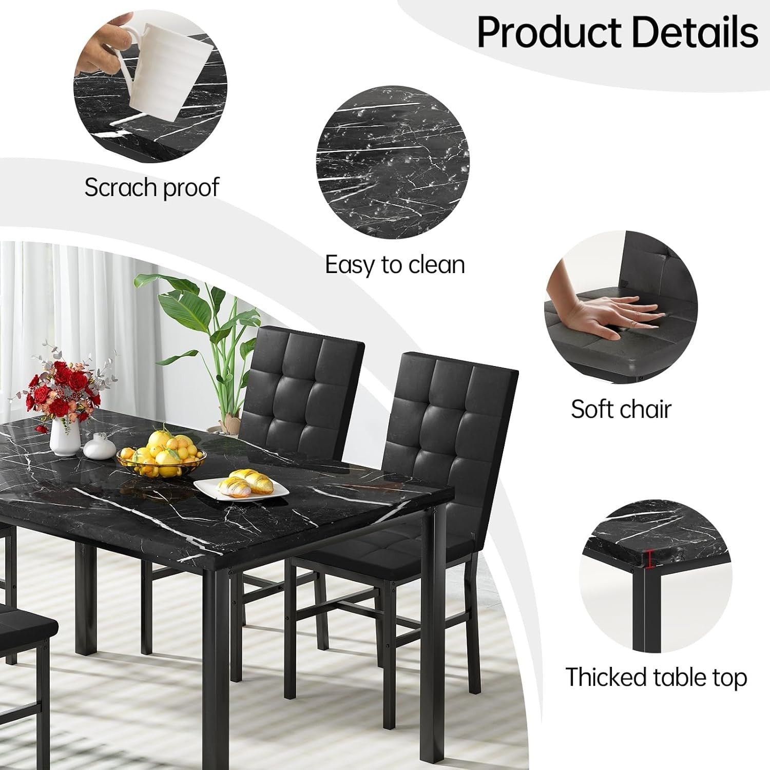 Black Marble Dining Table Set with 4 Leather Chairs Modern 120cm Kitchen